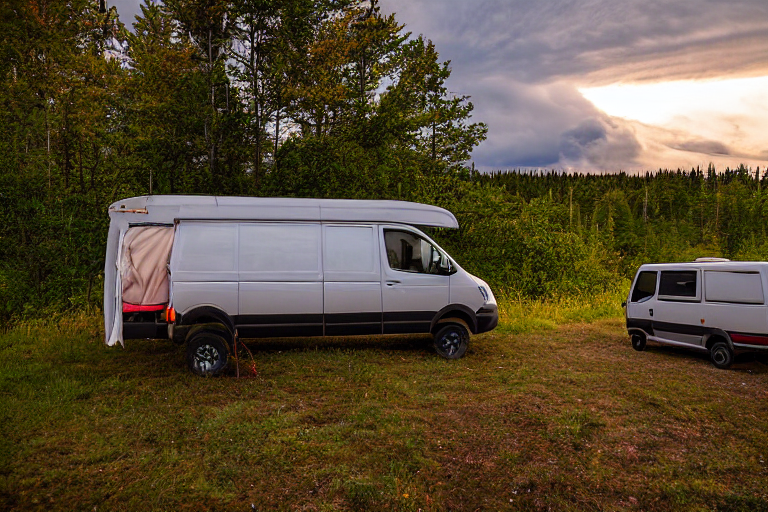 A tan camper van rests at a quiet campsite in Isle Royale National Park. Rolling hills and berry bushes surround the dirt clearing under a cloudy dusk sky. Nearby, a tent glows softly while a camper holds a flashlight in the distance.