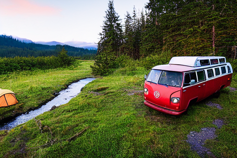 A red VW campervan rests at a quiet campsite on Vancouver Island at dusk. Clear streams wind through the rolling hills, while a deer watches from the distance. A box of camping gear sits nearby under the soft evening sky.