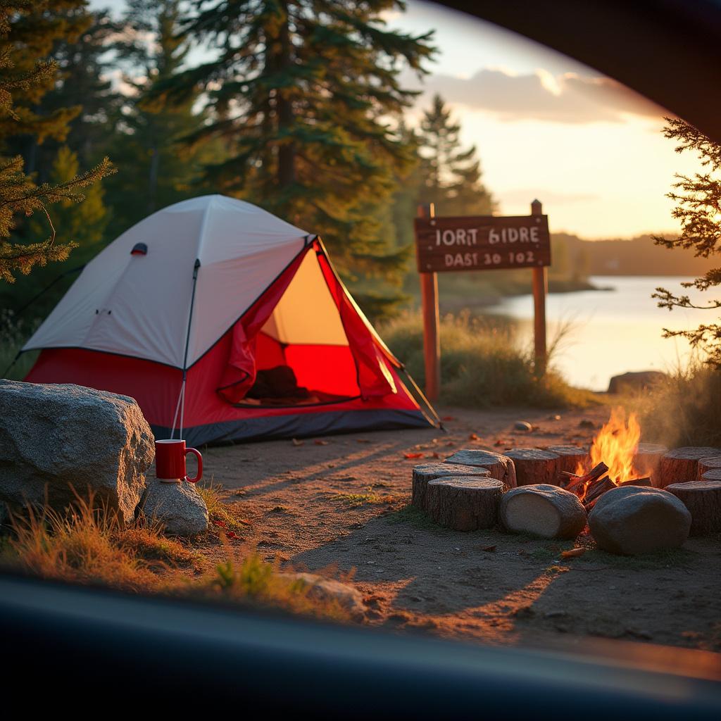 A red and white tent rests among the trees on Minnesota’s North Shore. Golden light warms the campsite, with a campfire mug on a log, leaves on the ground, and a wooden campsite sign nearby. A large rock adds a rugged touch to the breezy scene.