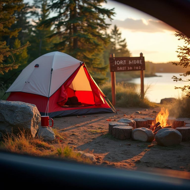 A red and white tent rests among the trees on Minnesota’s North Shore. Golden light warms the campsite, with a campfire mug on a log, leaves on the ground, and a wooden campsite sign nearby. A large rock adds a rugged touch to the breezy scene.