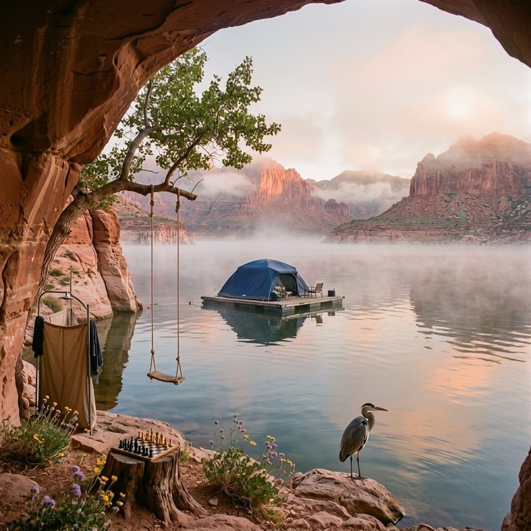 A quiet floating campsite rests on the calm waters of Lake Powell, tucked beneath a red-rock alcove. Morning fog drifts around the blue tent, rope swing, and outdoor shower, while wildflowers and a great blue heron add peaceful touches.