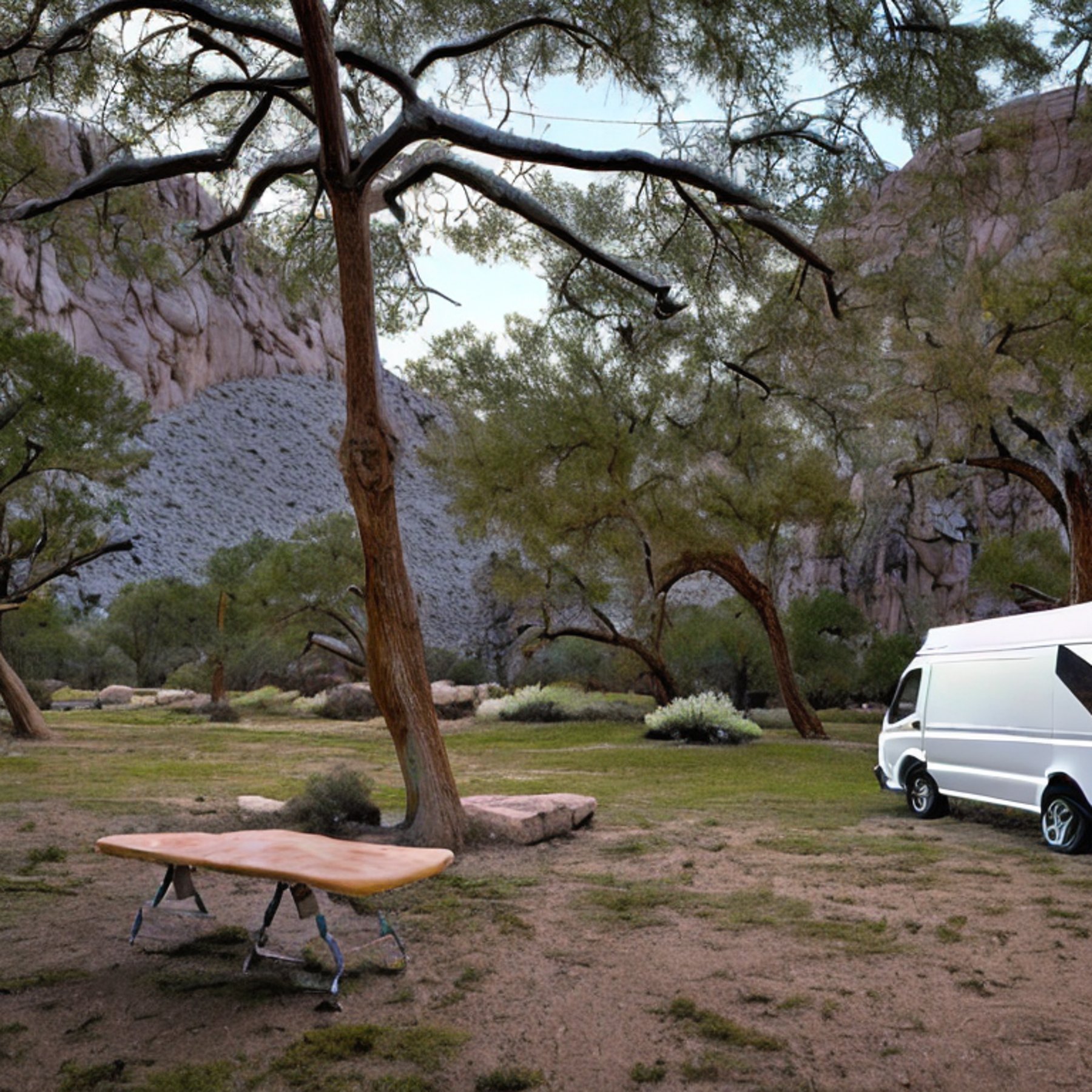 A white camper van rests at a quiet campsite beneath tall trees in snowy Big Bend National Park. A hammock hangs between the trees, while large stone slabs and thick bushes surround a small dirt patch.