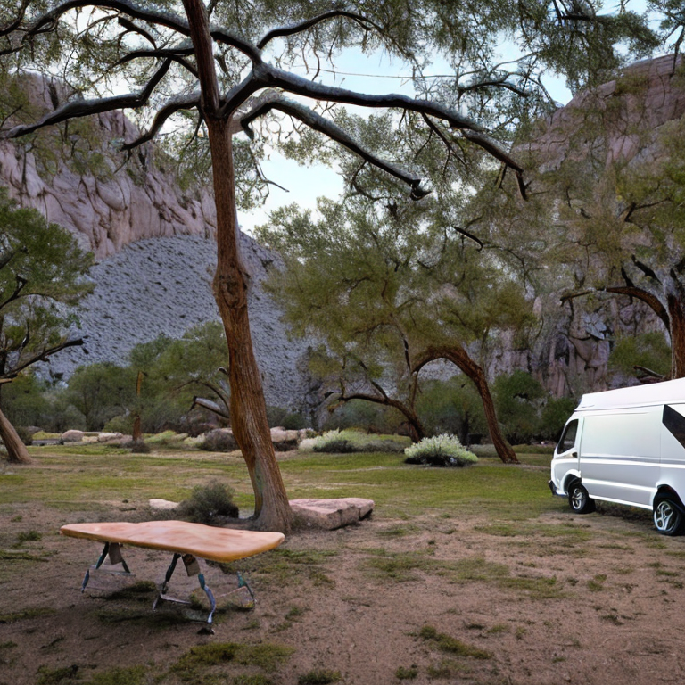 A white camper van rests at a quiet campsite beneath tall trees in snowy Big Bend National Park. A hammock hangs between the trees, while large stone slabs and thick bushes surround a small dirt patch.