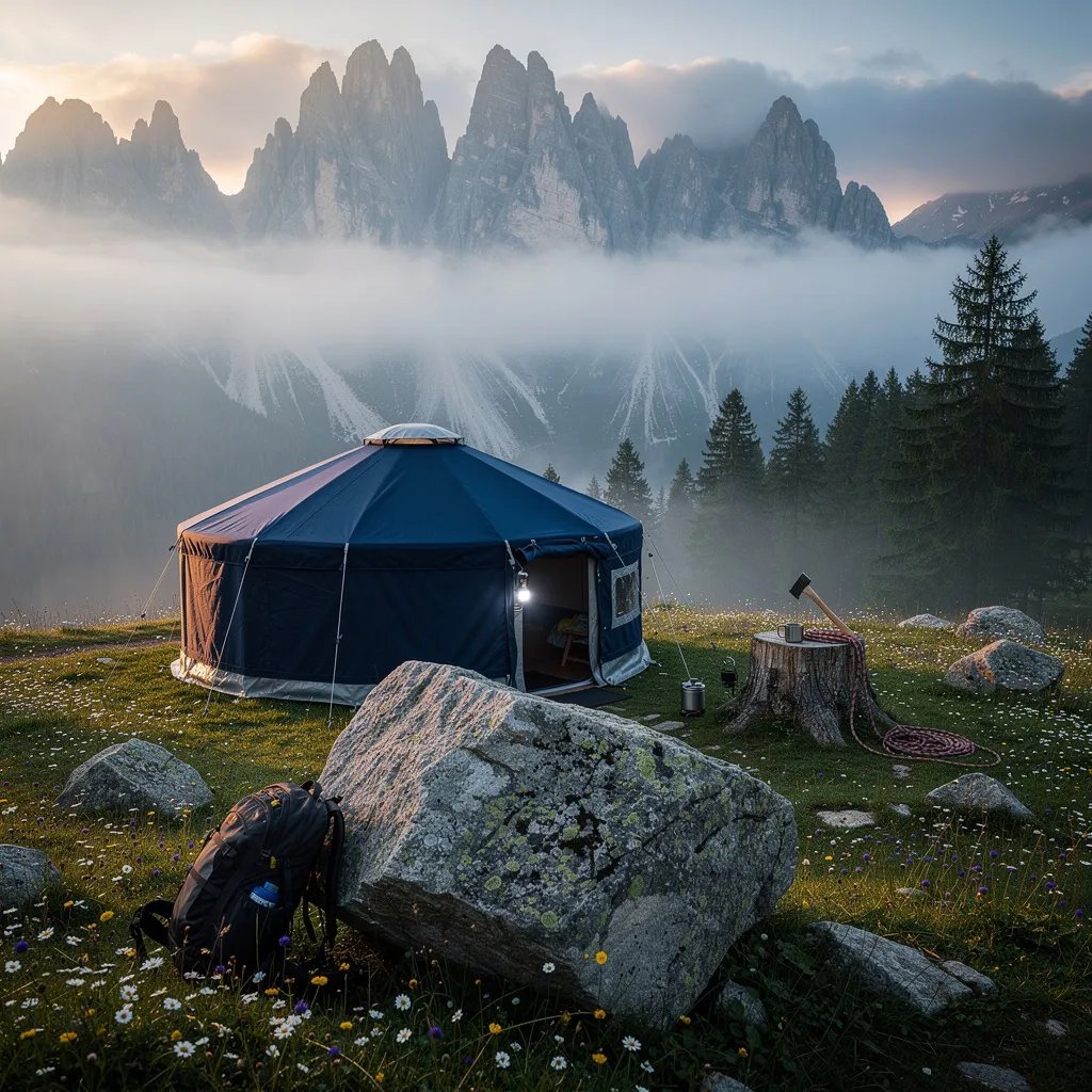 A navy blue yurt sits in a quiet alpine meadow dotted with tiny wildflowers. Cool morning fog drifts through the pine trees and wraps the valley in a soft gray blanket. A big limestone boulder stands up front, and a small headlamp glows at the tent door beside a stump with an axe stuck in it.
