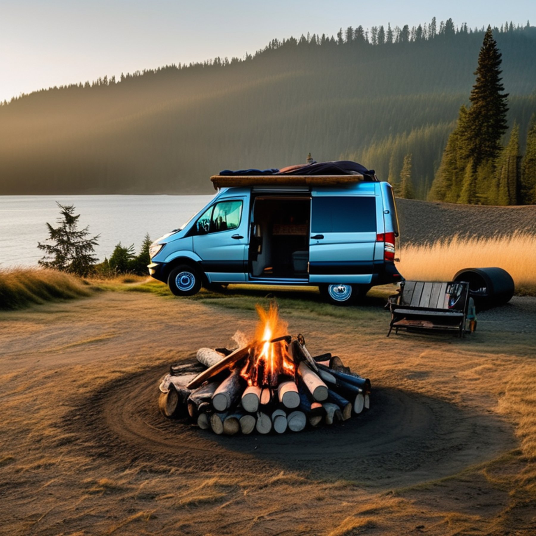 A gray and blue camper van rests at a sunny campsite in Washington State. A warm campfire glows on the dirt, with logs nearby, while hikers and surfers enjoy the wild, rocky landscape. Golden light fills the scene.