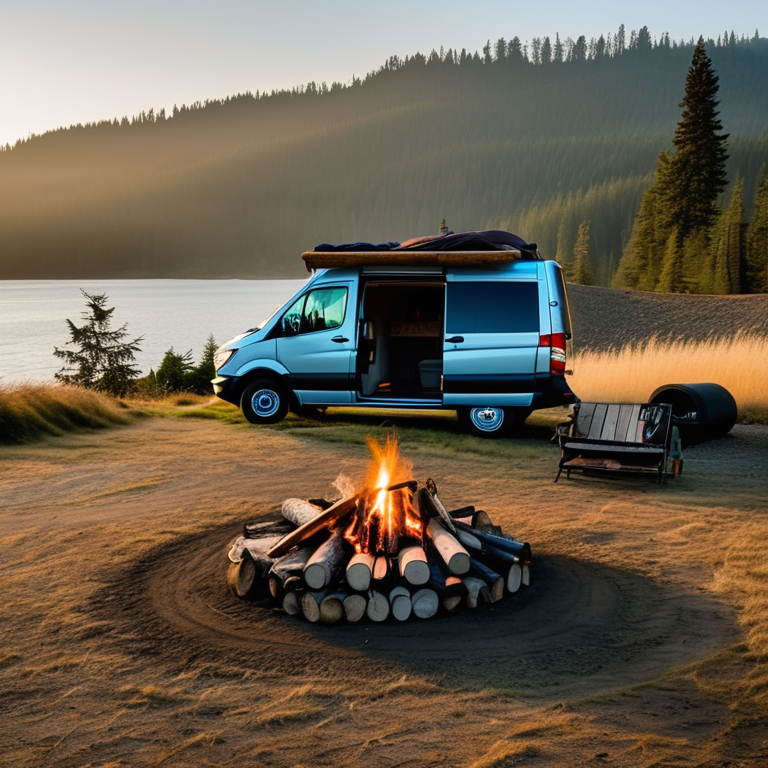 A gray and blue camper van rests at a sunny campsite in Washington State. A warm campfire glows on the dirt, with logs nearby, while hikers and surfers enjoy the wild, rocky landscape. Golden light fills the scene.