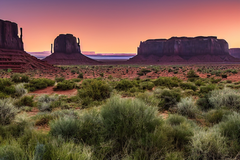 A cozy tent rests on a quiet dirt campsite in Monument Valley as the sun sets. Bushes, small trees, and bright flowers surround the area, with a large rock nearby. Soft fog fills the air beneath the glowing sky.