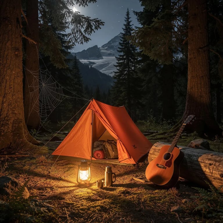 A quiet clearing sits under tall fir trees, with mossy ground glowing in cool moonlight. An orange lean-to looks cozy beside a warm lantern and a shiny thermos of coffee. A guitar rests on a log, and a tiny spider web sparkles as it catches the light in the misty night air.