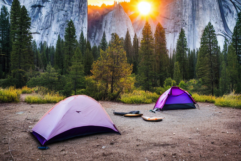 Two purple Subarus with rooftop tents rest in a sunny Yosemite campsite. A warm campfire, cozy chairs, and a hammock between the trees create a peaceful outdoor retreat. A dirt path leads through the cloudy mountain setting.