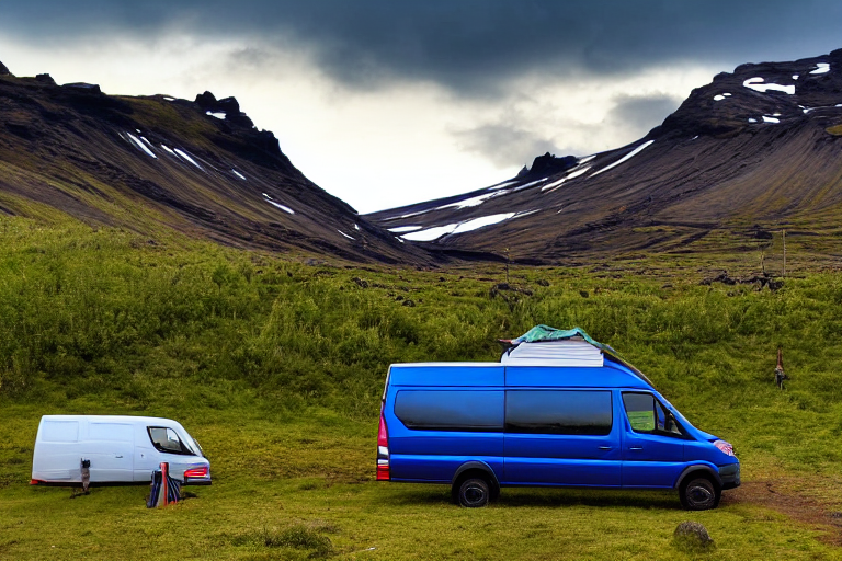A cozy van rests on a dirt campsite beneath Iceland’s starry night sky. A hammock hangs from a tree beside a picnic table, with small flowers in the wet ground. Dark mountains rise in the background through the gentle rain.