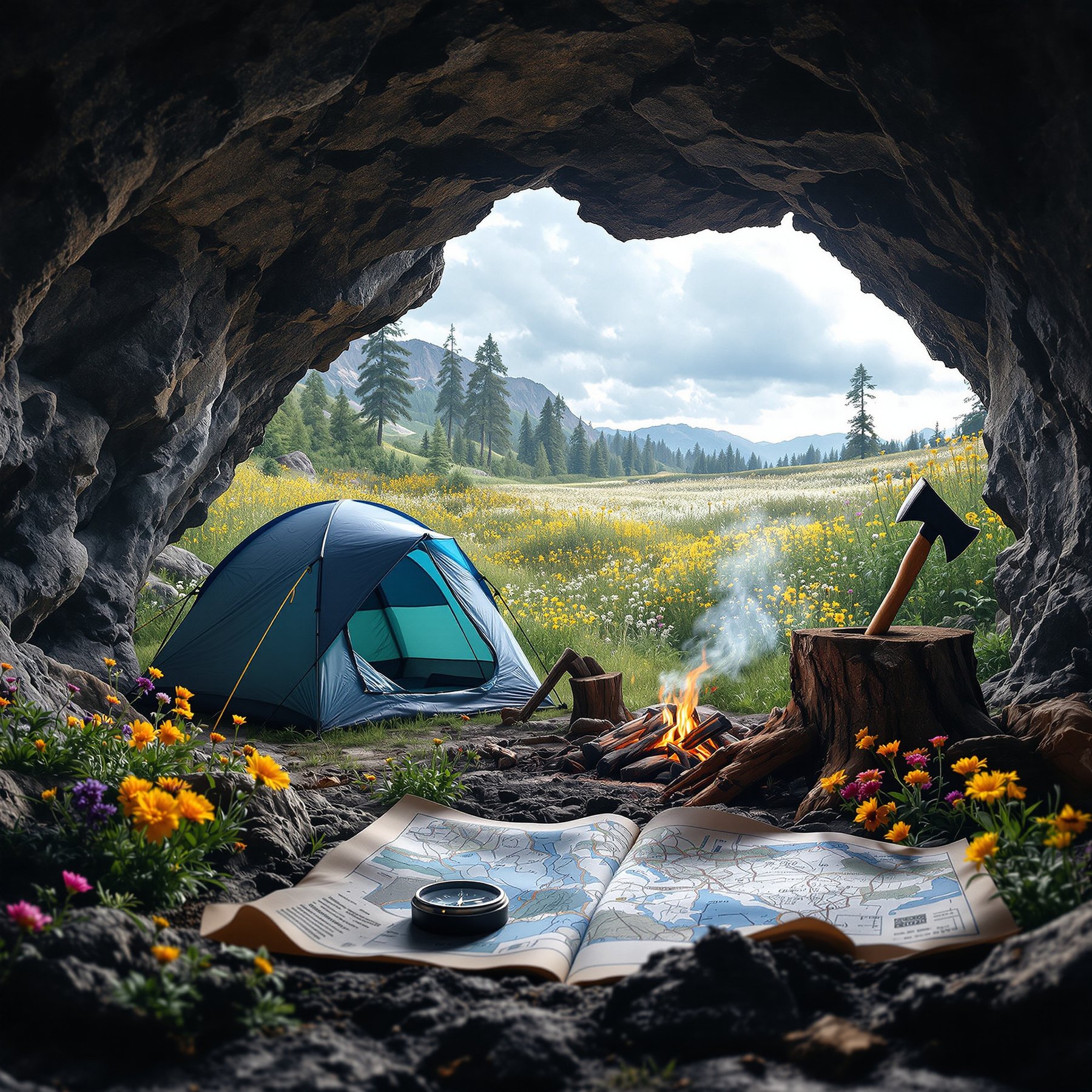 This cozy campsite sits at the mouth of a cave, looking out on a sunny meadow full of wildflowers. A bright tent waits by a warm campfire, with a map and compass ready for adventure. Mountains and pine trees fill the peaceful background.