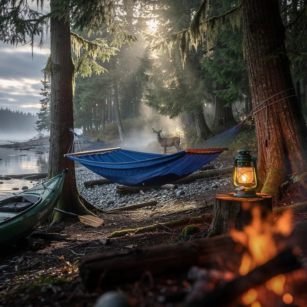 A misty coastal forest wakes up beside a quiet inlet, with mossy cedars and driftwood on the shore. A blue hammock hangs between two trees, and a warm lantern glows on a stump nearby. A sea kayak rests on the pebbles while soft sun rays slip through the canopy, and a lone deer watches from the distant trees.
