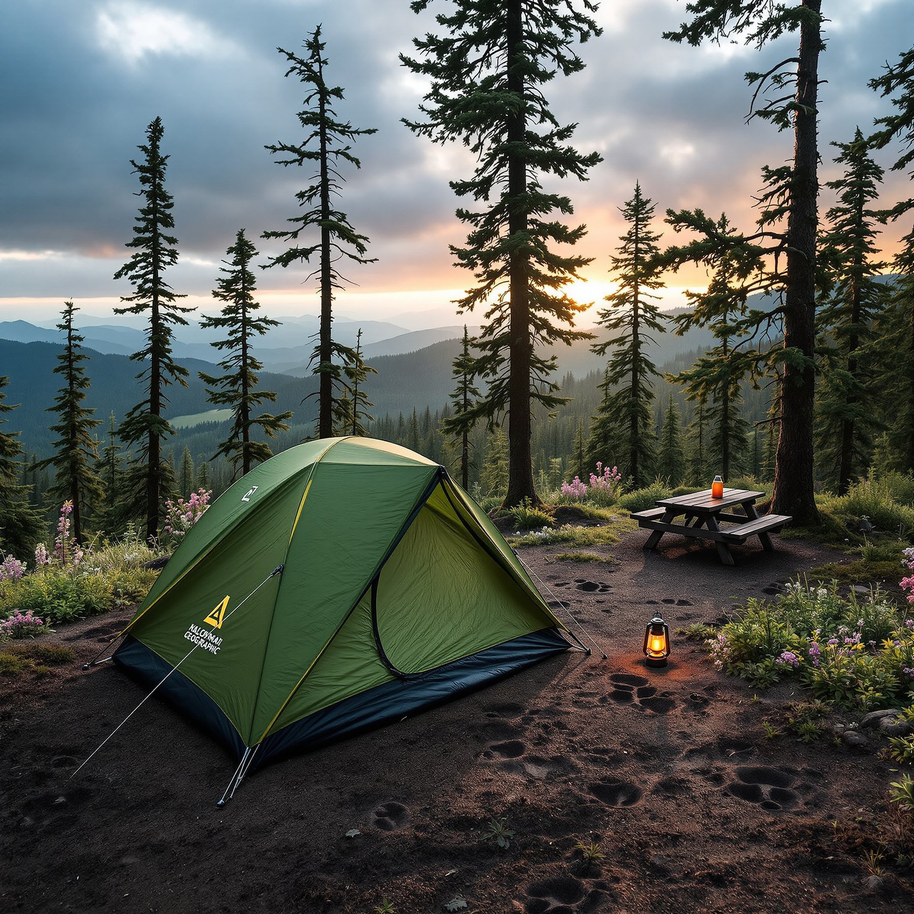 This cozy campsite sits among tall pine trees with mountains in the distance. A green tent and a picnic table invite you to relax as the sun sets behind the hills. Lanterns light up the area, creating a warm and peaceful feeling.