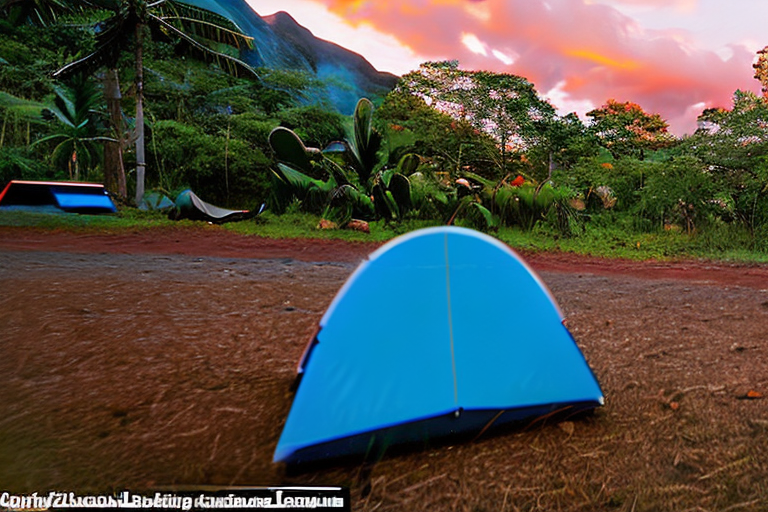 A colorful tent rests on a paved campsite in Soufriere as the cloudy sunset glows overhead. Overgrown grass and fall-colored trees surround a dirt patch, while a large log sits beside the campfire. In the distance, a person’s flashlight shines softly through the evening air.