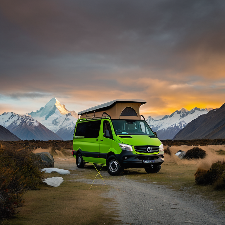 A green and tan camper van rests on a dirt patch in Mount Cook National Park. Snowy weather, tall bushes, and a soft sunset create a calm, cozy mood, while hikers and drying clothes bring the campsite to life.