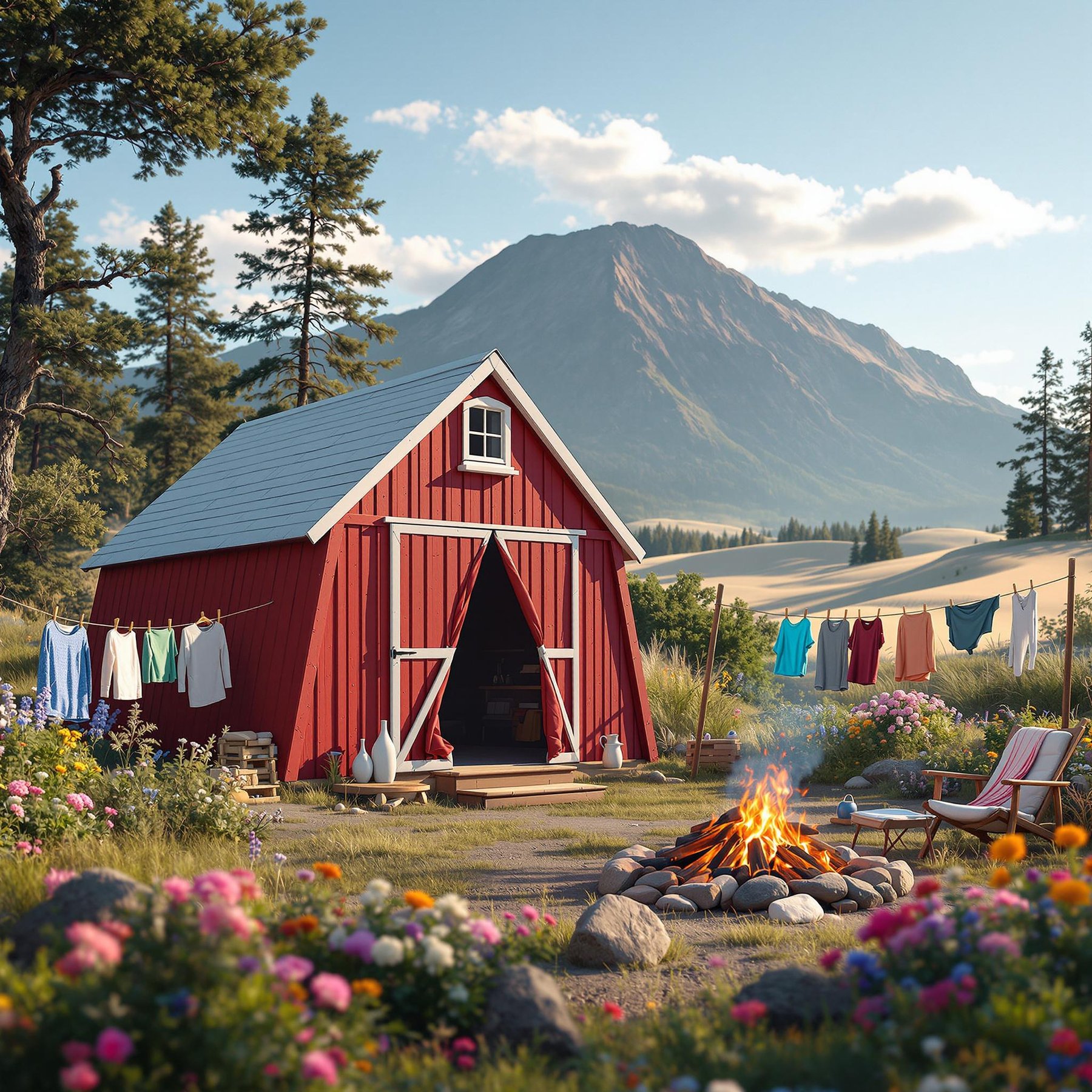 A cozy red cabin sits under a bright blue sky, with a warm campfire crackling nearby. Colorful wildflowers dance in the breeze, while a giant mountain watches over the peaceful scene. It feels like a magical place for stories and fun!