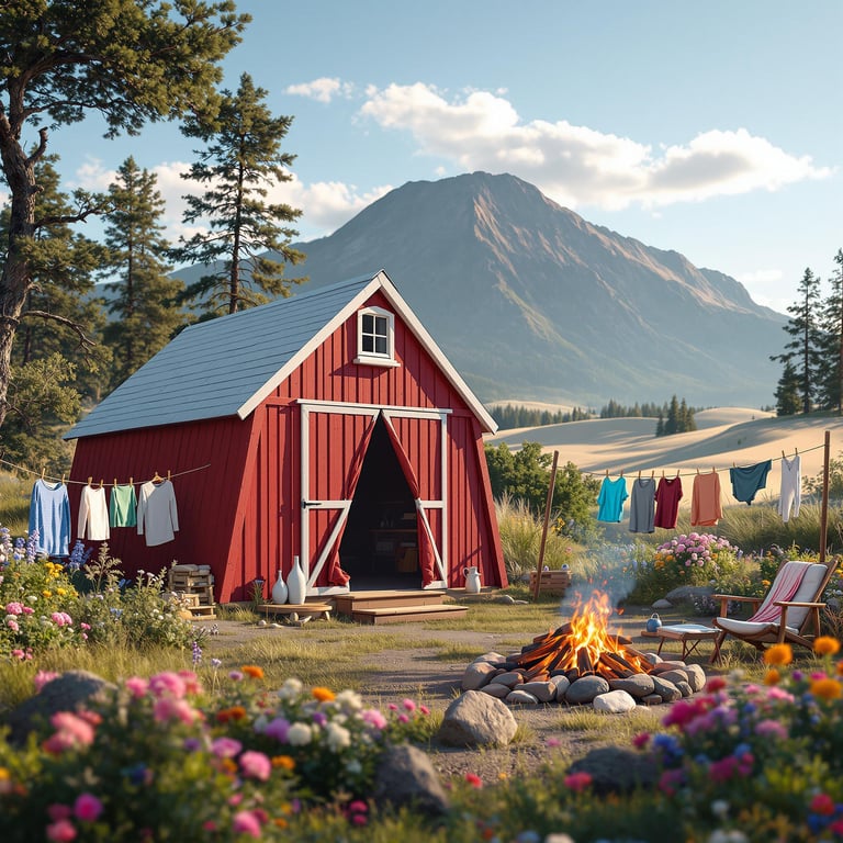 A cozy red cabin sits under a bright blue sky, with a warm campfire crackling nearby. Colorful wildflowers dance in the breeze, while a giant mountain watches over the peaceful scene. It feels like a magical place for stories and fun!