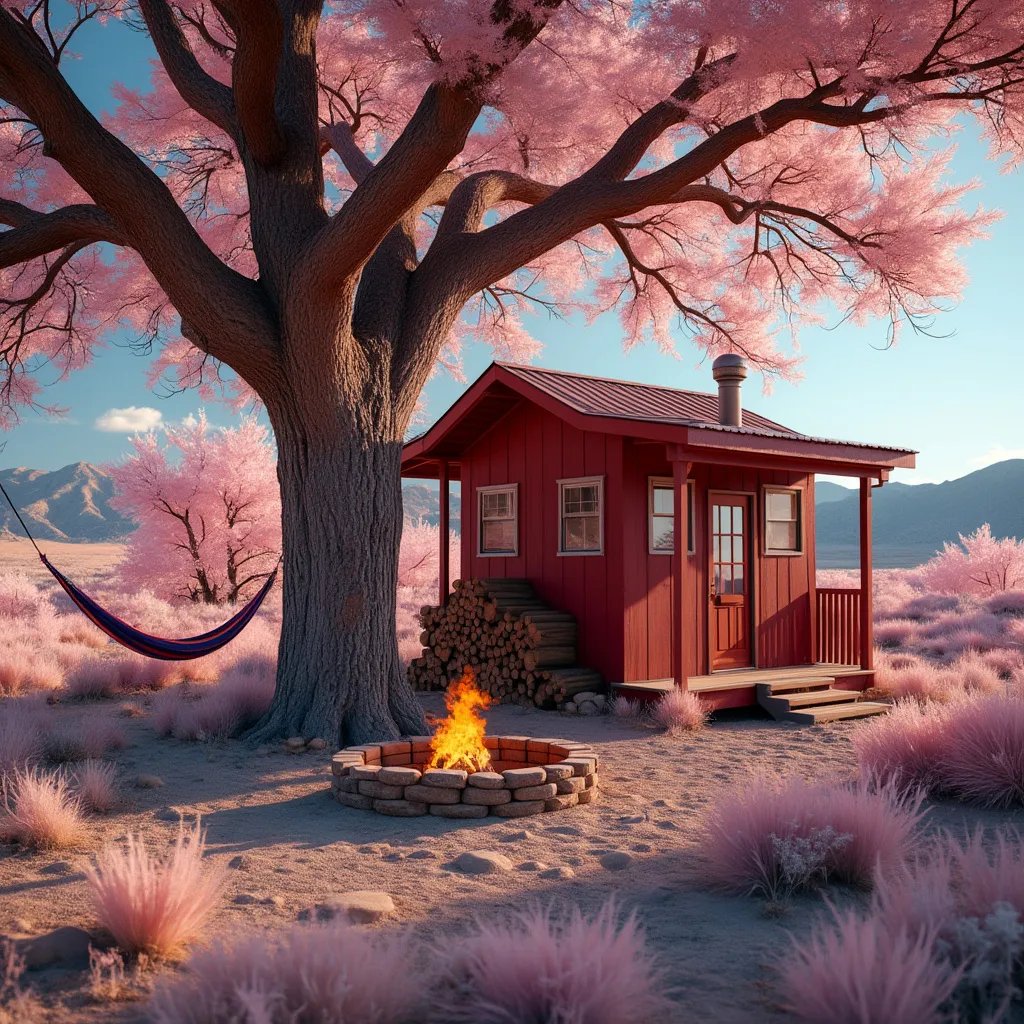 A burgundy treehouse rests among small desert trees in New Mexico. Nearby, a hammock sways in the wind beside a campfire and a neat stack of firewood, while the wide sky stretches overhead.