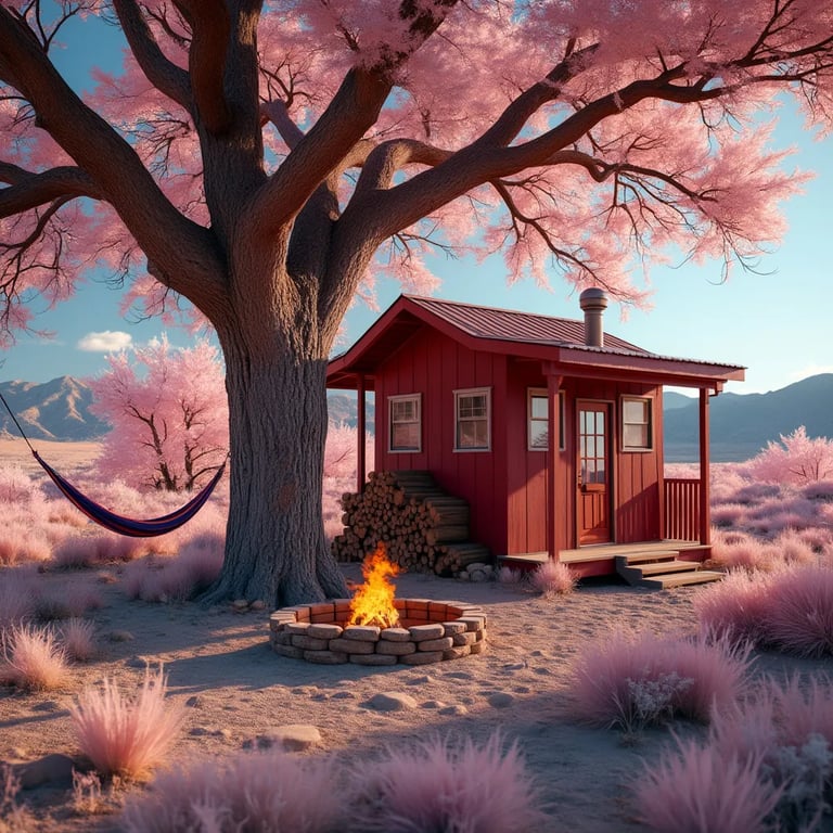 A burgundy treehouse rests among small desert trees in New Mexico. Nearby, a hammock sways in the wind beside a campfire and a neat stack of firewood, while the wide sky stretches overhead.