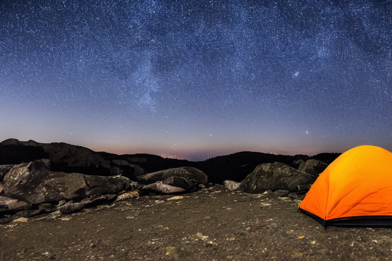 tent at campsite on the top of a mountain with a starry sky