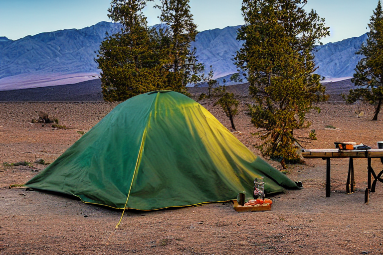 A forest-green tent rests on a quiet paved campsite in Death Valley, with mountains and small trees nearby. A picnic table and wooden guitar add a cozy touch beside the dirt clearing as evening light softens the desert air.