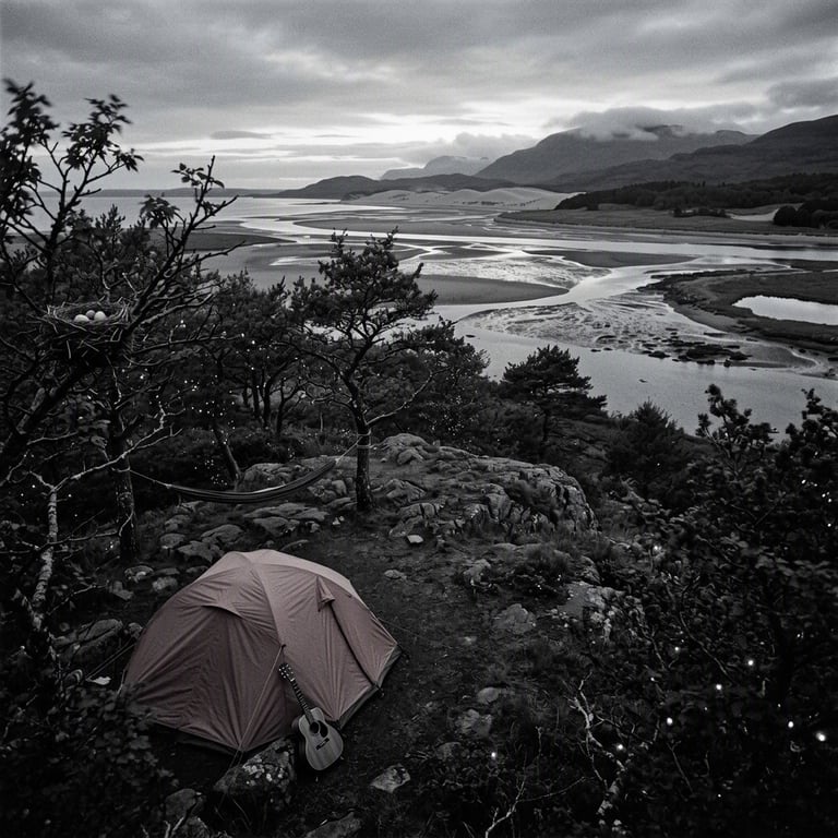 A quiet campsite rests on a rocky outcrop beside the wide estuary. A dusty-rose tent, wooden guitar, and hammock wait beneath the trees. Far away, a deer moves across the dunes as tiny glow-worms sparkle in the cool twilight.