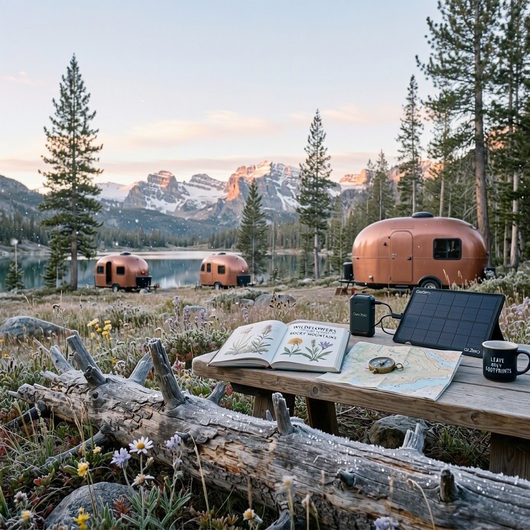 At dawn, terracotta teardrop trailers rest quietly among pine trees, alpine grass, and tiny wildflowers. A compass, map, solar panel, and field guide sit nearby, while icy crystals sparkle in the cool mountain air.