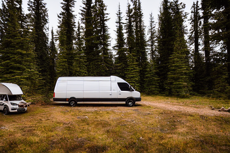 A white camper van rests on a rocky dirt campsite beneath the foggy night sky. Small trees surround the quiet spot, while a deer watches from the distance. A box of camping gear sits nearby, ready for adventure.