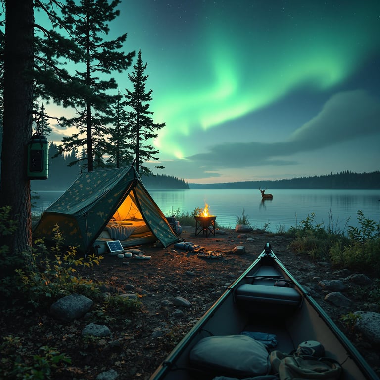 A green camo tent rests along the quiet shore of the Apostle Islands. Hikers gather nearby as a deer watches from the trees, while a solar panel shines in the golden light. Above, soft haze and glowing northern lights fill the sky.