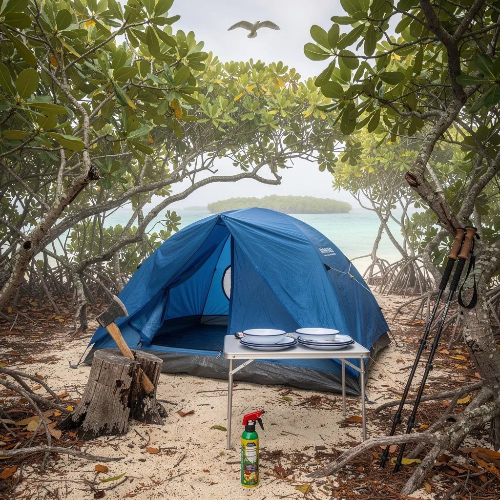 A blue tent sits on soft sand under sea grape and mangrove trees, with calm bay water peeking through the leaves. The morning feels cool and misty, with gentle gray light and quiet air. An axe rests in a worn stump, while trekking poles and a can of bear spray wait nearby. A lone bird glides above the campsite.