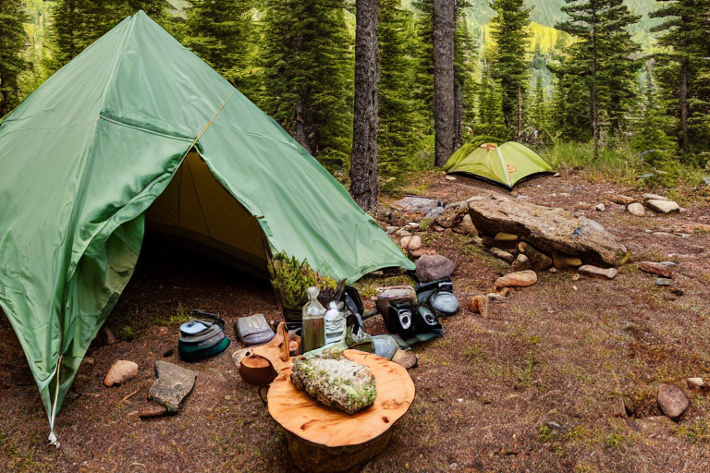 A green and tan tent rests beside a warm campfire on a quiet Colorado morning. Ferns, boulders, and soft fog surround the dirt campsite, while a backpack and wooden guitar sit nearby.