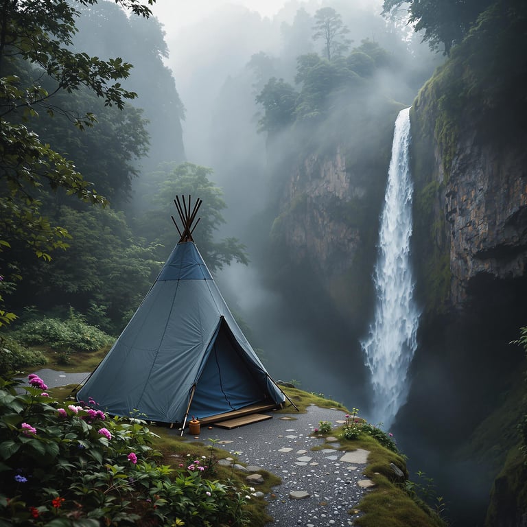 Nestled by a tall, misty waterfall, a cozy tent sits quietly among lush green trees and pink flowers. The sound of rushing water fills the air, creating a peaceful and magical atmosphere. It's a perfect place for an adventure in nature's wonderland!