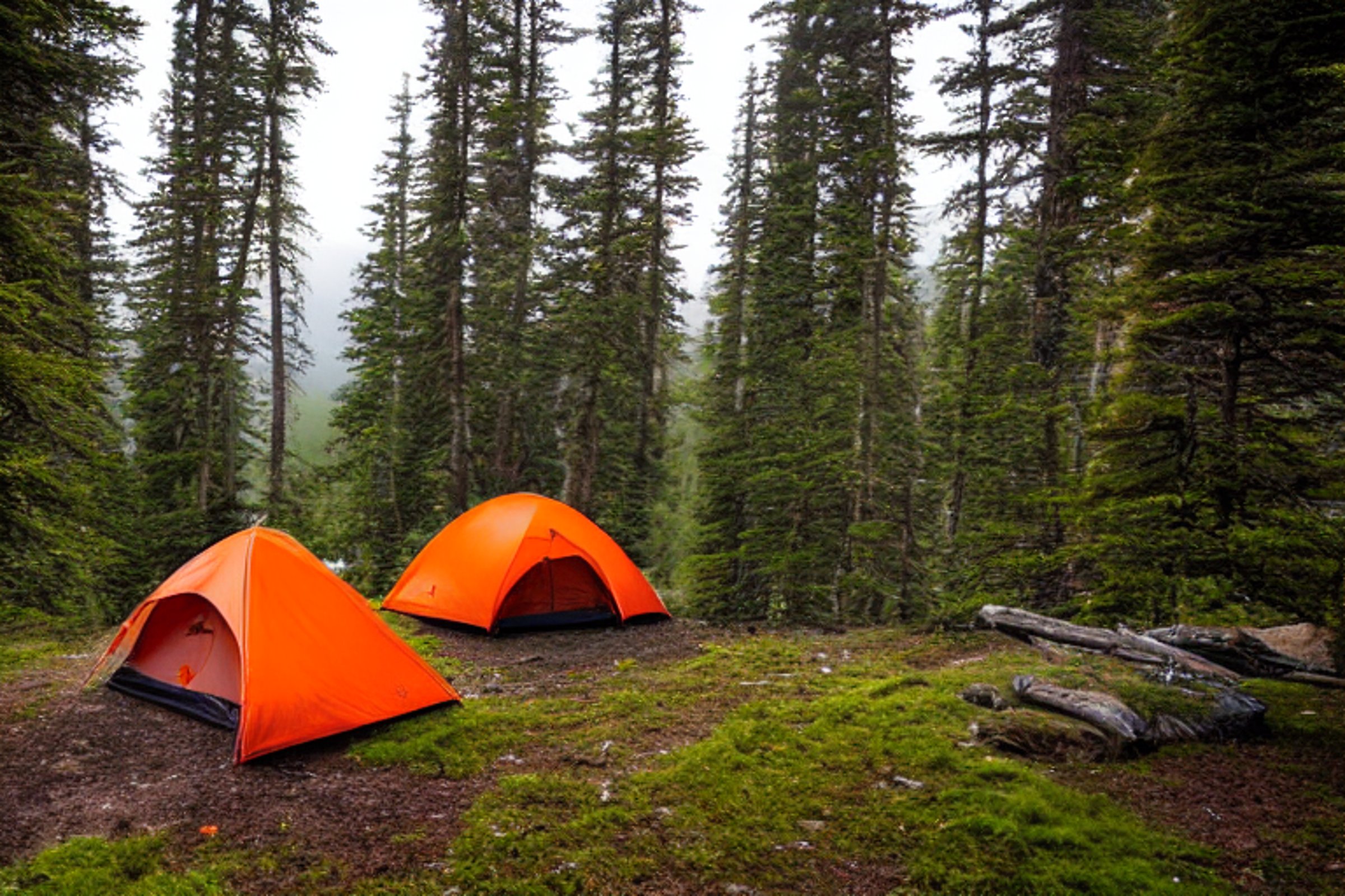 Three bright orange tents sit among mossy trees and green ferns in a quiet Montana campsite. A warm campfire glows beside camping chairs as the northern lights dance through the foggy sky. A winding hiking path and clothesline add a cozy, lived-in feel.