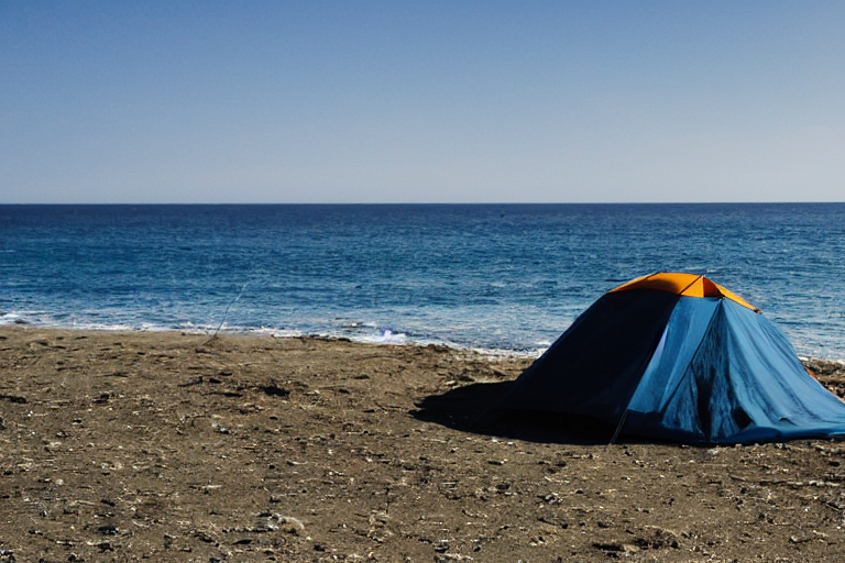 Tent at campsite on a beach during sunset