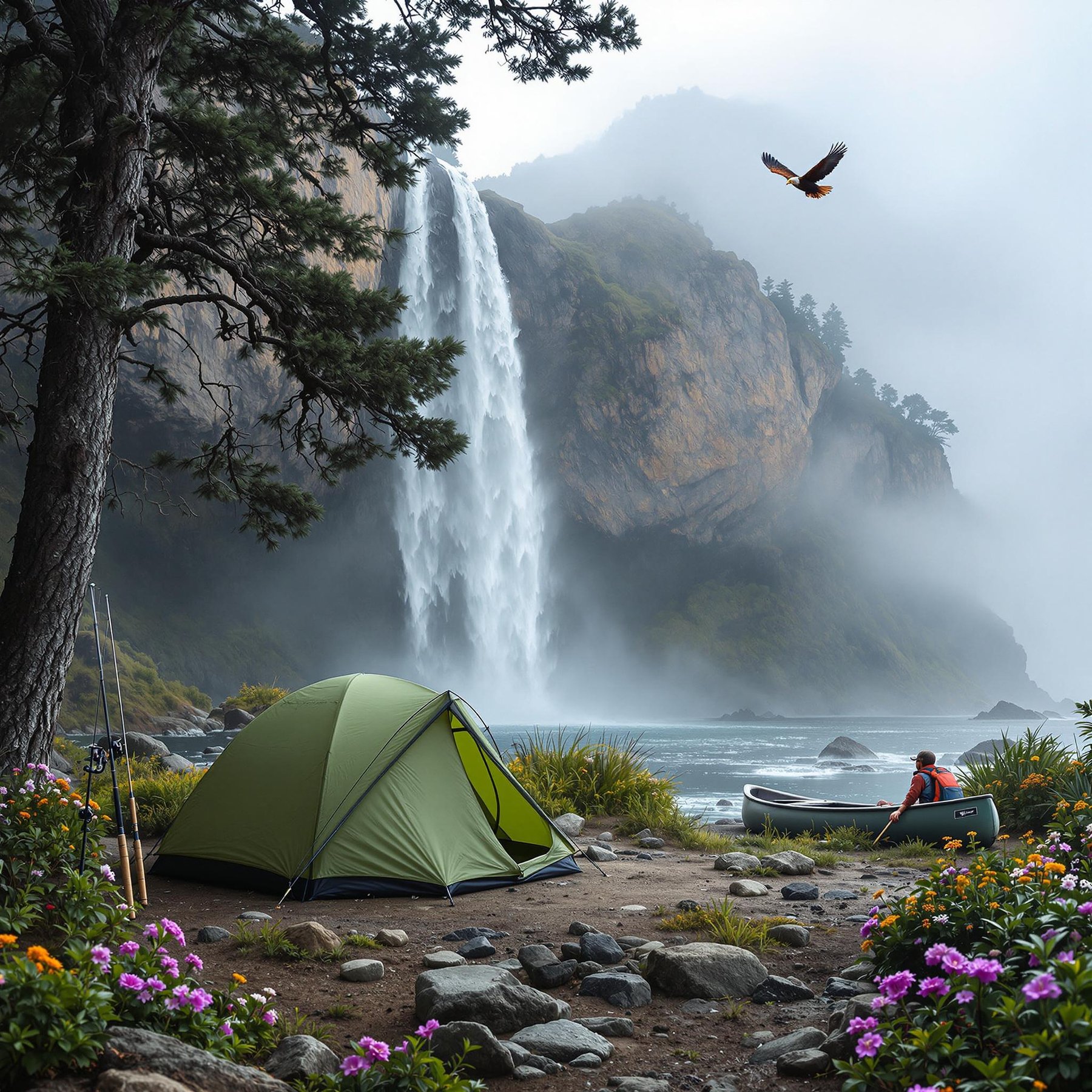 A green tent rests among trees and wildflowers on the misty coast of Big Sur. A canoe and fishing rod wait nearby, while a golden eagle soars overhead. The campsite is seen through a soft, rushing waterfall.