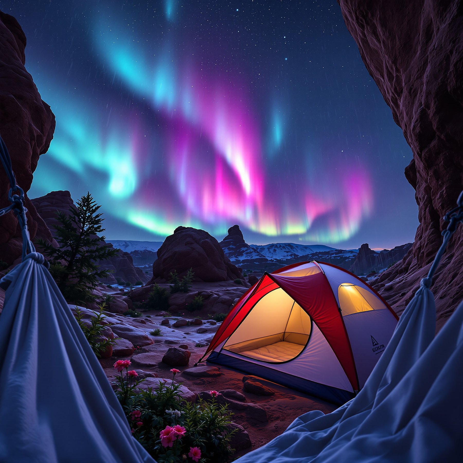 This campsite sits between rocky cliffs and wildflowers, with a cozy tent glowing under the stars. The sky is alive with colorful northern lights dancing above. It feels magical and peaceful, perfect for a night outdoors.