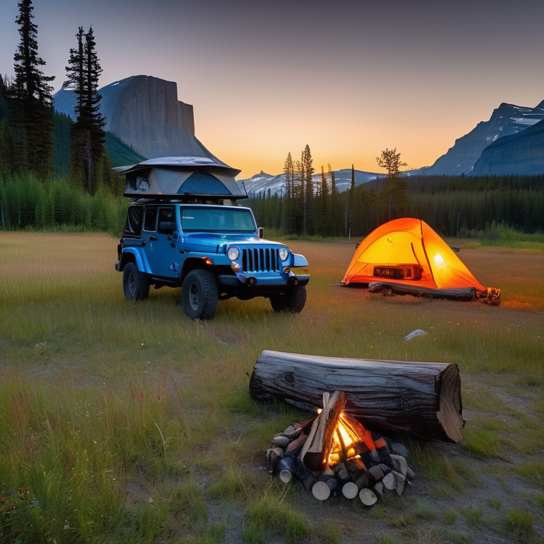 A blue and gray Jeep sits at a quiet campsite in Glacier National Park. Its rooftop tent glows softly as the sun sets over the clear sky. Tall grass, fallen leaves, and a large log beside the fire add a cozy touch.