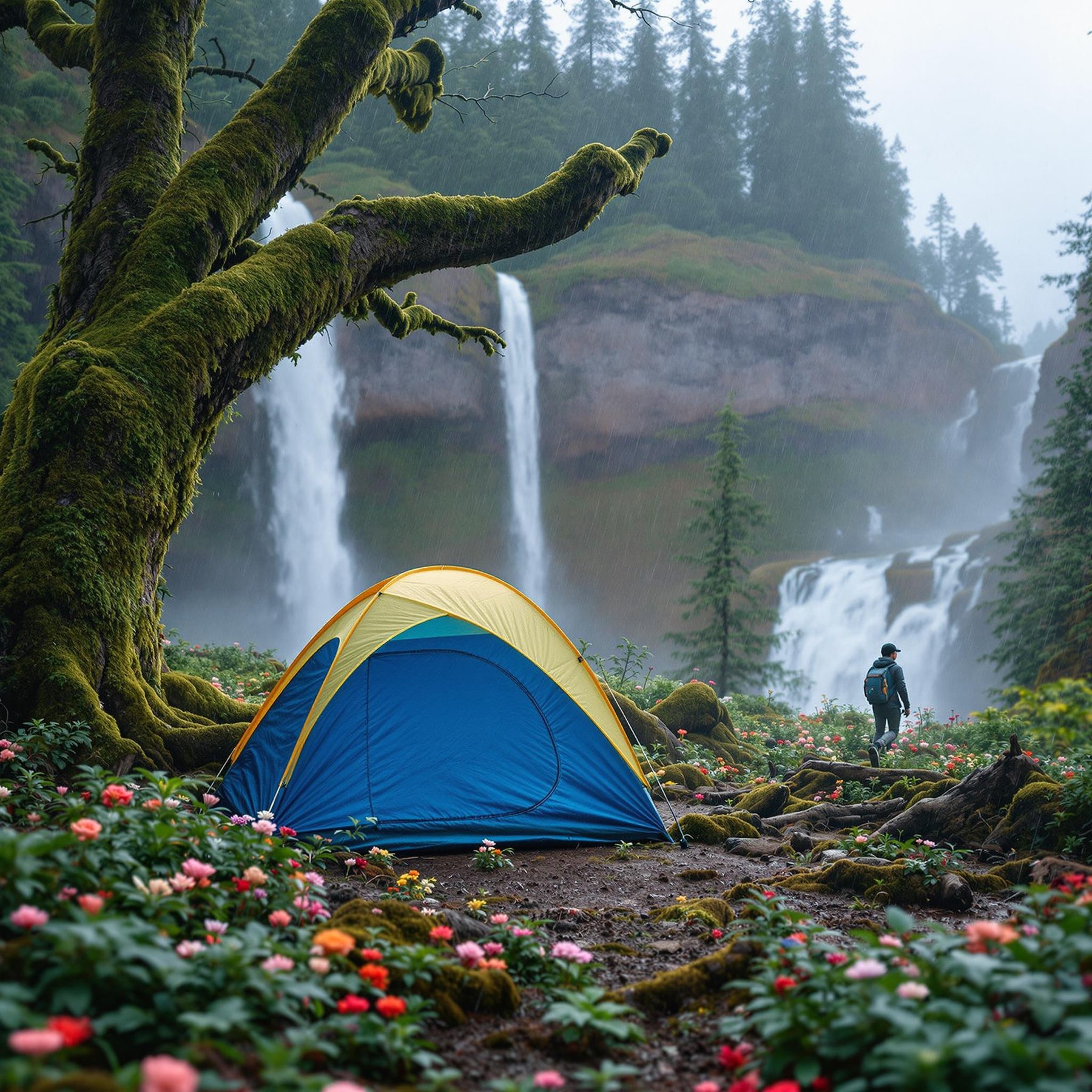 A colorful tent sits under a mossy tree, surrounded by bright wildflowers. In the distance, tall waterfalls cascade down rocky cliffs. This campsite feels peaceful and wild, perfect for an adventure in nature.