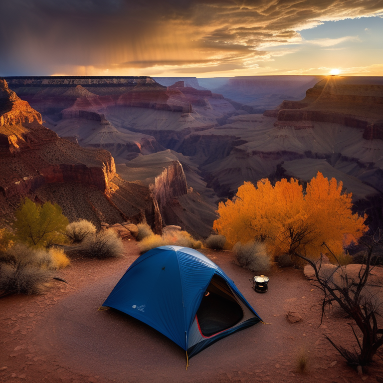 A blue tent sits beside a warm campfire on a dirt patch near the Grand Canyon. Fall-colored trees, rolling hills, and stormy sunset clouds create a wild, cozy setting, with a lantern glowing nearby.