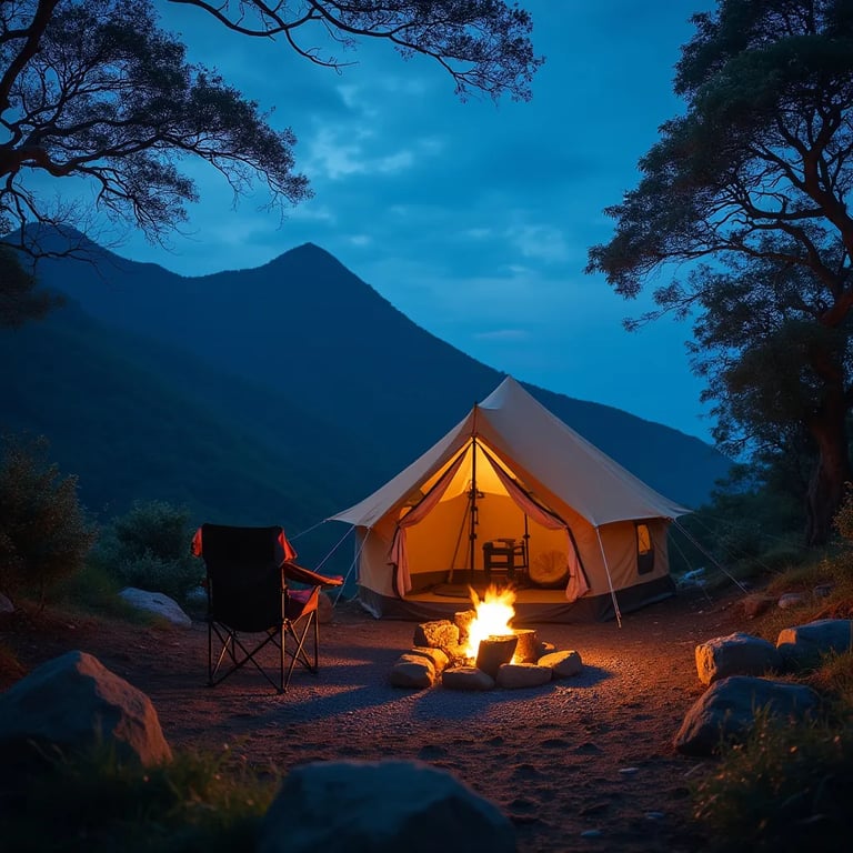 A cozy beige tent rests among rolling hills and trees in Soufrière, glowing beside a small stone-ringed campfire. Ice-covered branches sparkle under the starry blue-hour sky, with a camping chair nearby.