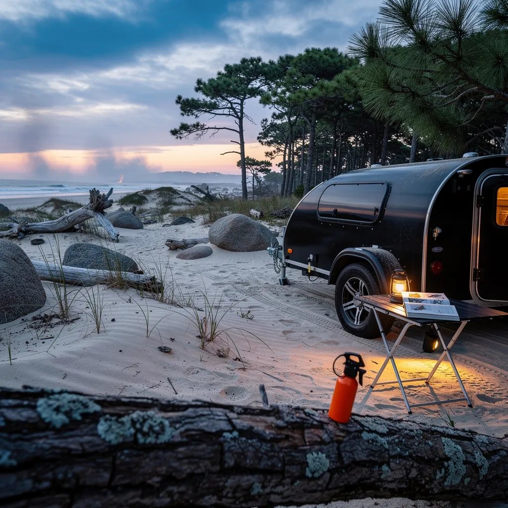 A black teardrop trailer sits on firm sand beside a pine-and-cypress grove, with driftwood and big rocks nearby. A warm lantern glow makes the campsite feel cozy in the cool blue twilight. A small table holds an open field guide, and bear spray rests by the hitch. Far away, the ocean and a smoky, hazy horizon fade under soft clouds.