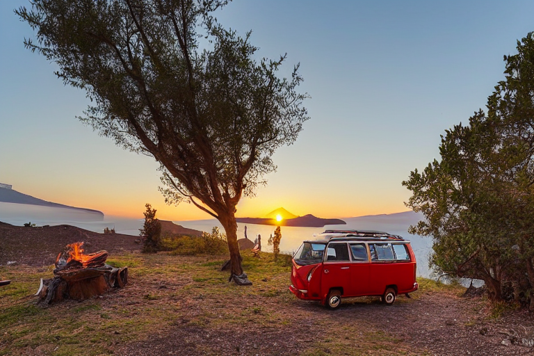 A tan campervan rests on a quiet dirt clearing in Santorini as dusk settles in. A warm campfire glows beside a large log, with a backpack nearby and small trees framing the sunny sky.