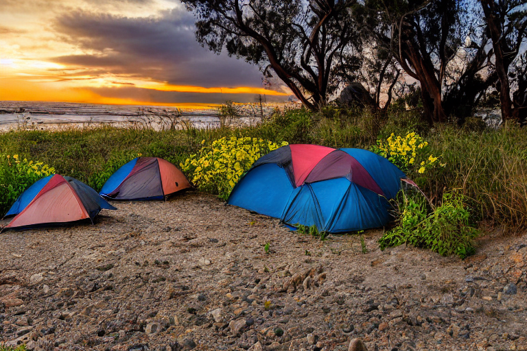A colorful tent rests on a paved campsite near San Diego Beach as the sun sets. A dirt path, wildflowers, and stone gravel surround the site, while surfers enjoy the clear water nearby.