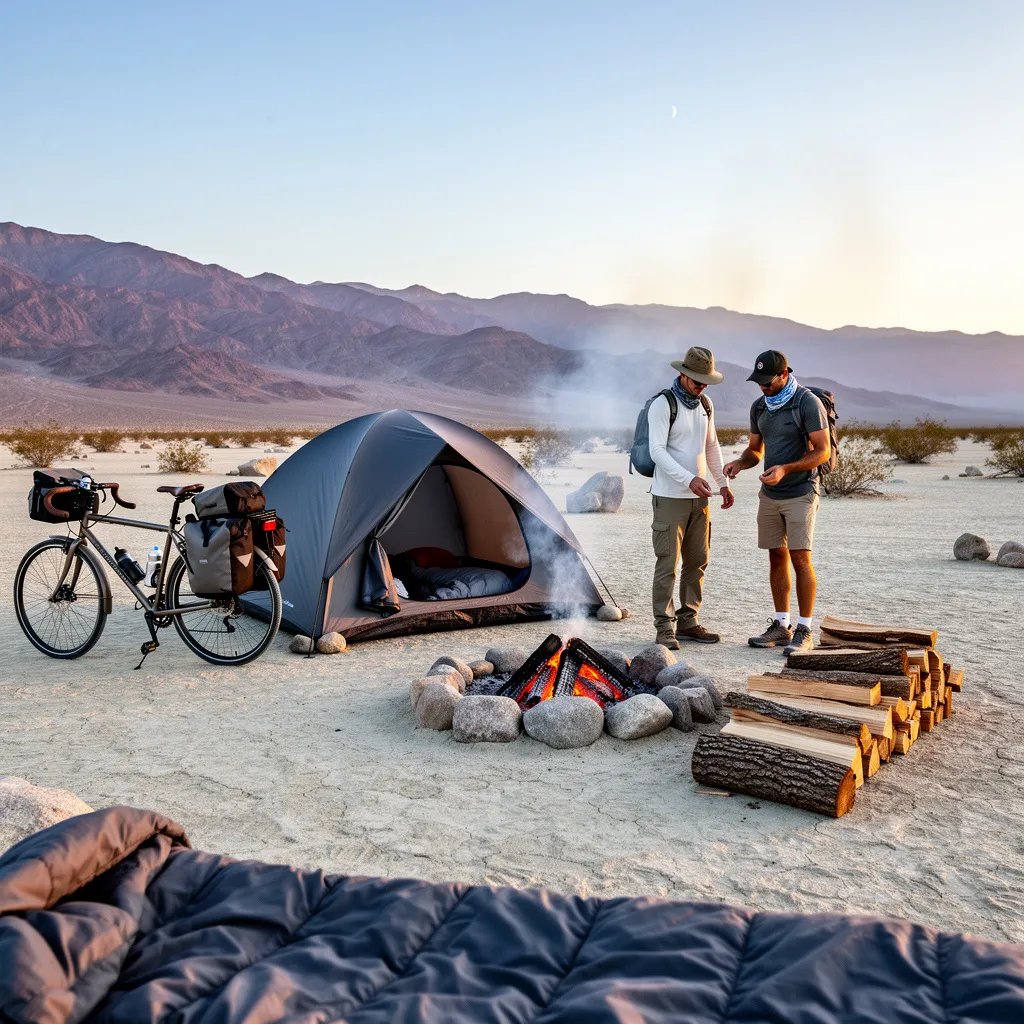 You peek out of the tent and see bright desert sunlight on cracked, dusty ground. Far away, rocky ridges and hazy mountains glow under a pale blue sky with a tiny moon. A small fire glows in a neat ring of stones, and a loaded touring bike rests nearby. Two hikers adjust their gear by the fire, getting ready for another hot desert adventure.