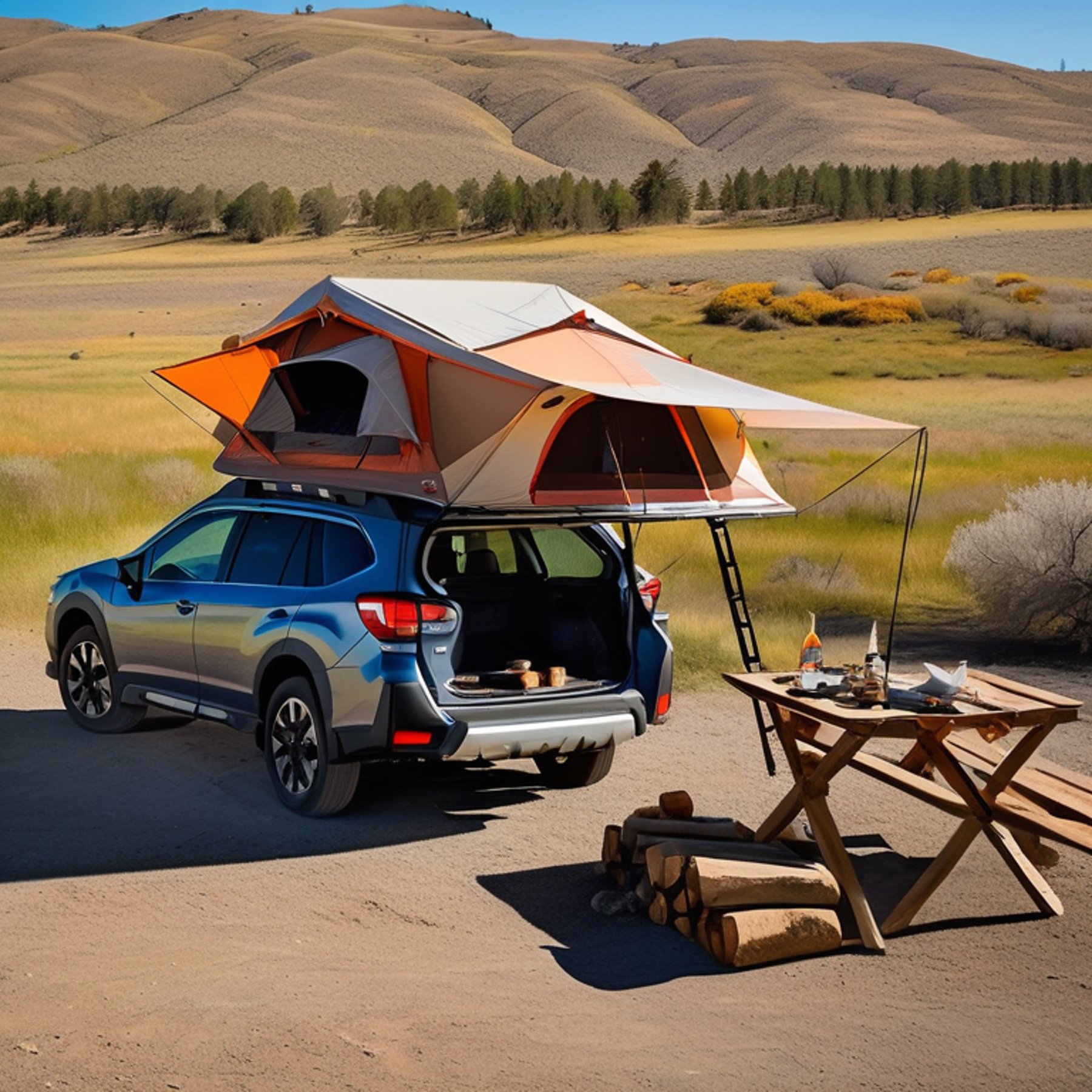 A gray and orange Subaru sits beside a warm campfire with its rooftop tent open. Nearby, a hot spring, picnic table, and smooth stone slabs rest under the golden sunrise. Rolling hills and sunny skies create a peaceful outdoor escape.
