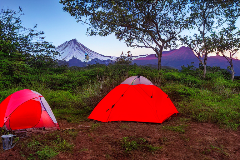 A red and white tent rests on a rough dirt patch beneath a clear Hawaiian sky. A warm campfire glows nearby, with a hammock tied between trees and a lantern on the ground. Tall mountains rise in the distance as the sun comes up.