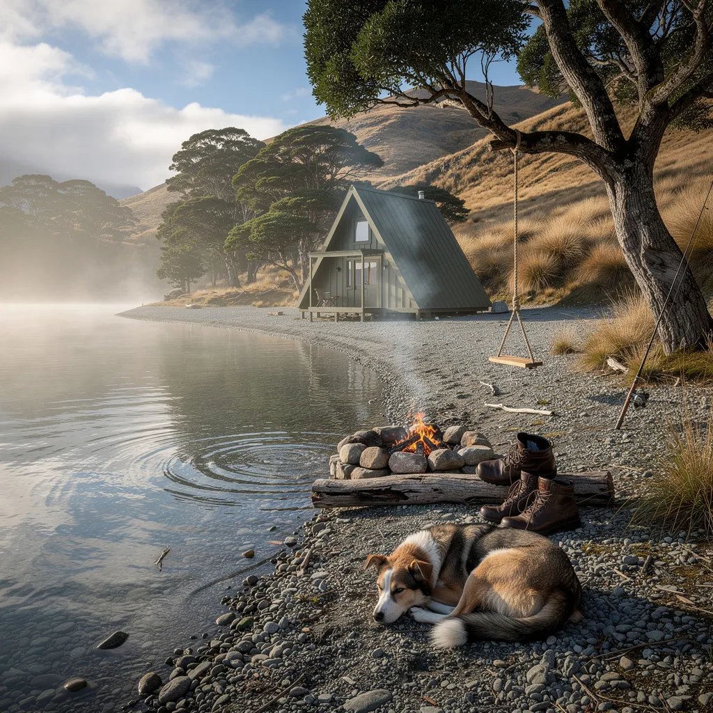A calm lake lies under a soft morning mist, with pebbles crunching along the shore and gentle hills beyond. An olive green A-frame cabin sits back among beech trees, warm and quiet. A small fire glows near a log with hiking boots drying, while a fishing rod and a simple rope swing wait for the day to begin. A sleepy dog curls up by the firelight as the water stays still.