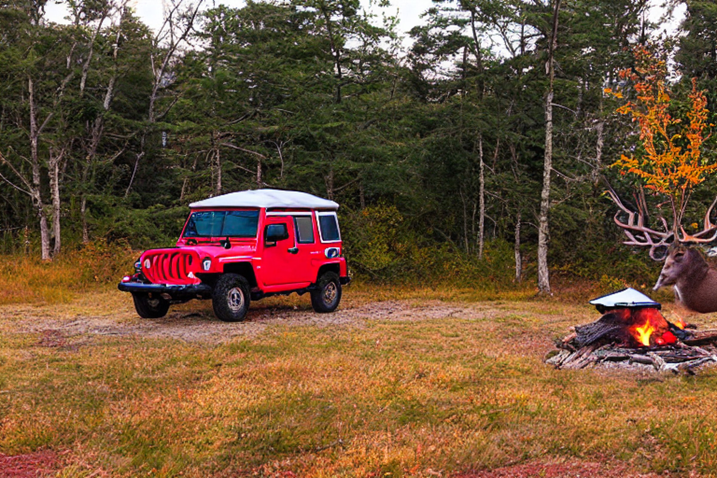 A red and white Jeep with its rooftop tent open rests on a quiet dirt campsite in the Smoky Mountains. Fall-colored trees glow through the rainy golden light, while a deer wanders in the distance. A large log sits beside the campfire, making the scene feel cozy and wild.