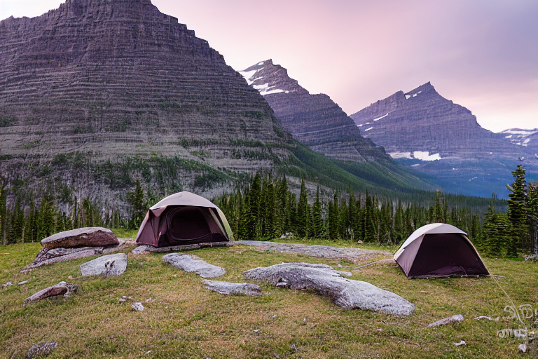 A brown Subaru with an open rooftop tent rests at a rocky campsite in Glacier National Park. Fog drifts through the boulders as the sun sets, while a small flashlight glows in the distance.
