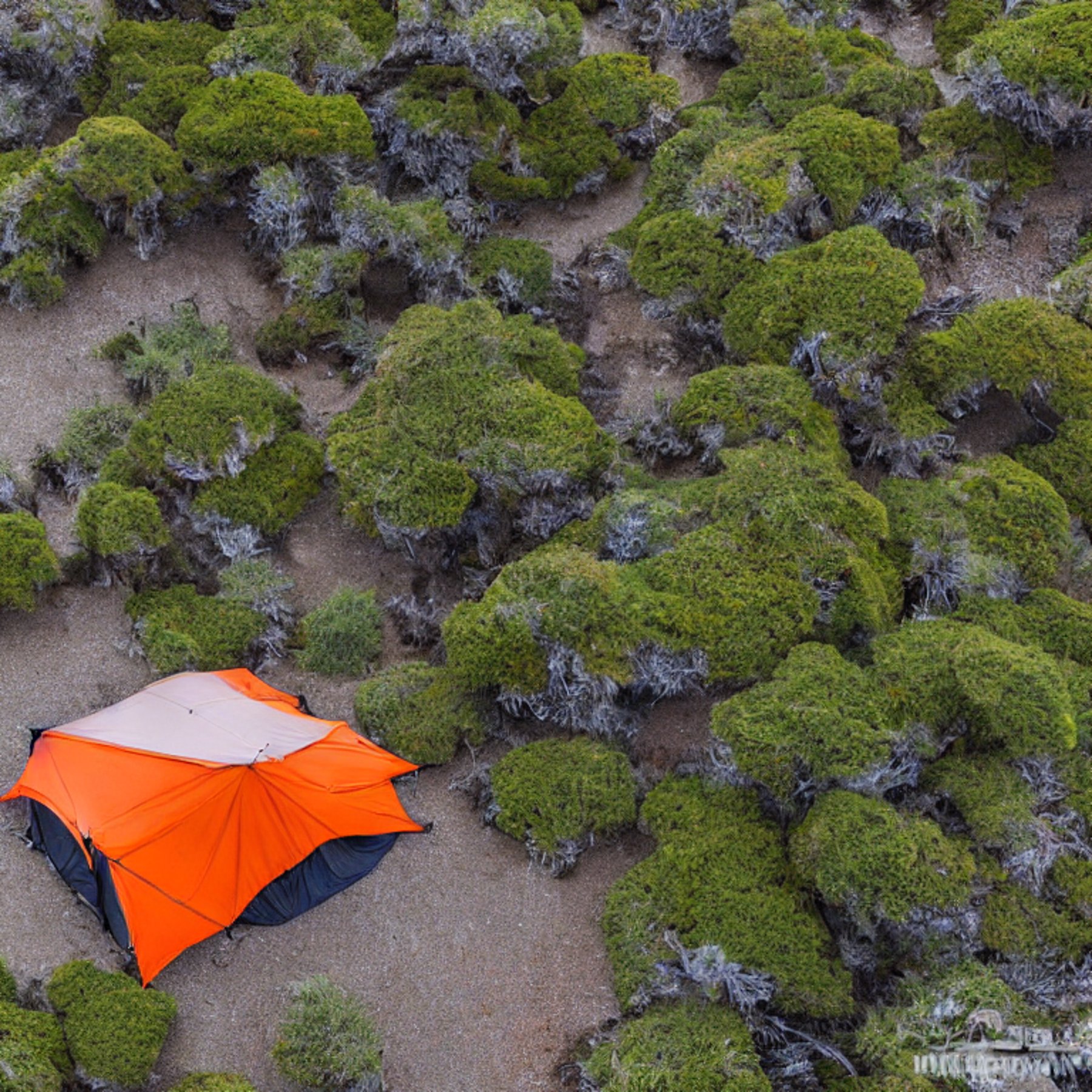 A gray and orange Subaru sits at a quiet campsite under a rainy night sky. Its rooftop tent is open beside a box of camping gear, with rolling hills and mossy trees all around.